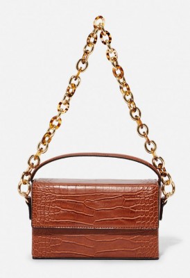 L. Boxy Baguette Crossbody Bag - Cognac Croc
