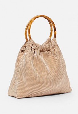 L. Pleated Bamboo Handle Clutch - Light Gold