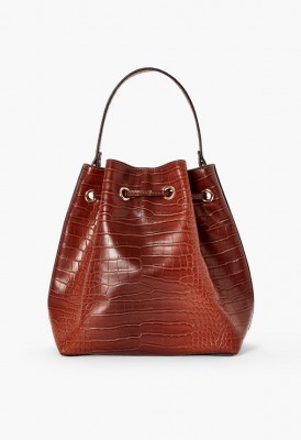 L. Drawstring Bucket Bag - Cognac Croc