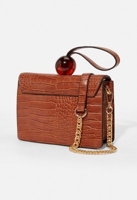 L. Resin Beaded Wristlet Crossbody Bag - Cognac Croc